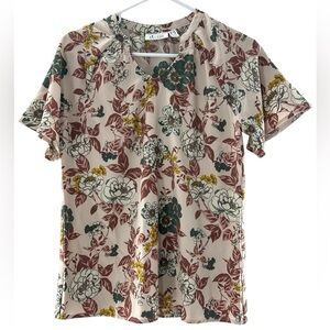 NWOT D & Co Floral Print Women's V Neck Short Sleeve Cottage Cor Top XXS